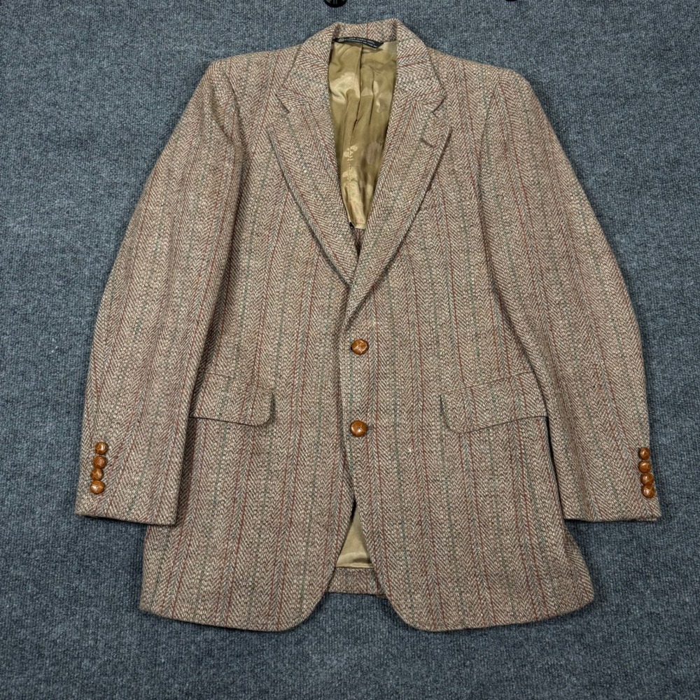Harris Tweed Jos A Bank Blazer Mens 100% Wool Handwoven Herringbone Stripe Brown